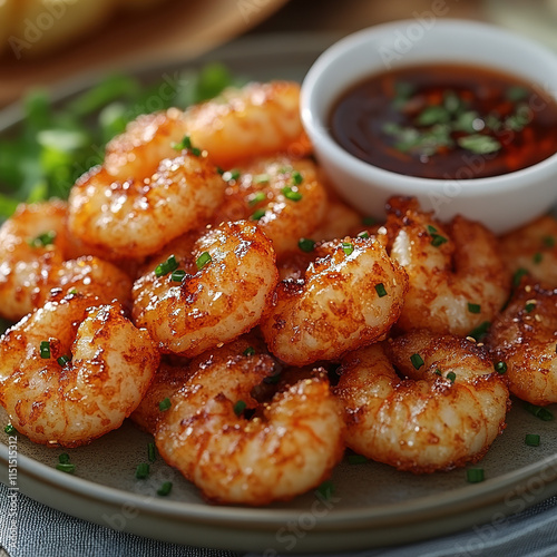 A close-up of golden tempura shrimp with dipping sauce, crispy and photorealistic photo