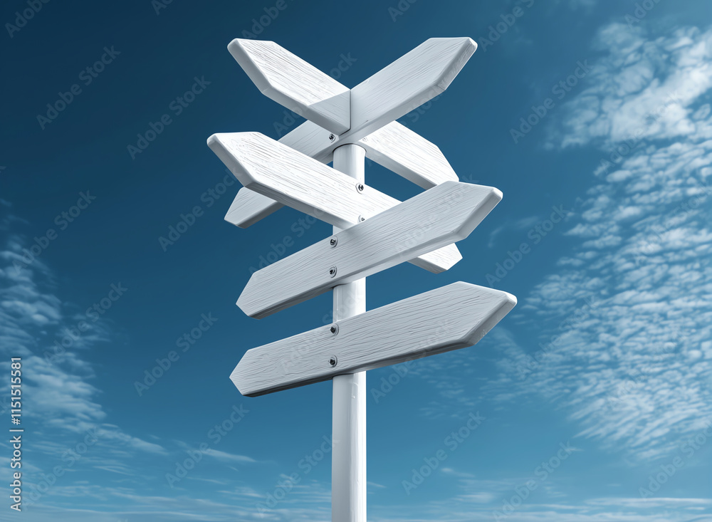 A blank signpost under a vibrant blue sky symbolizes endless possibilities and directions, perfect for travel and adventure themes A blank signpost under a vibrant blue sky symbolizes endless possibilities and directions, perfect for travel and adventure themes
