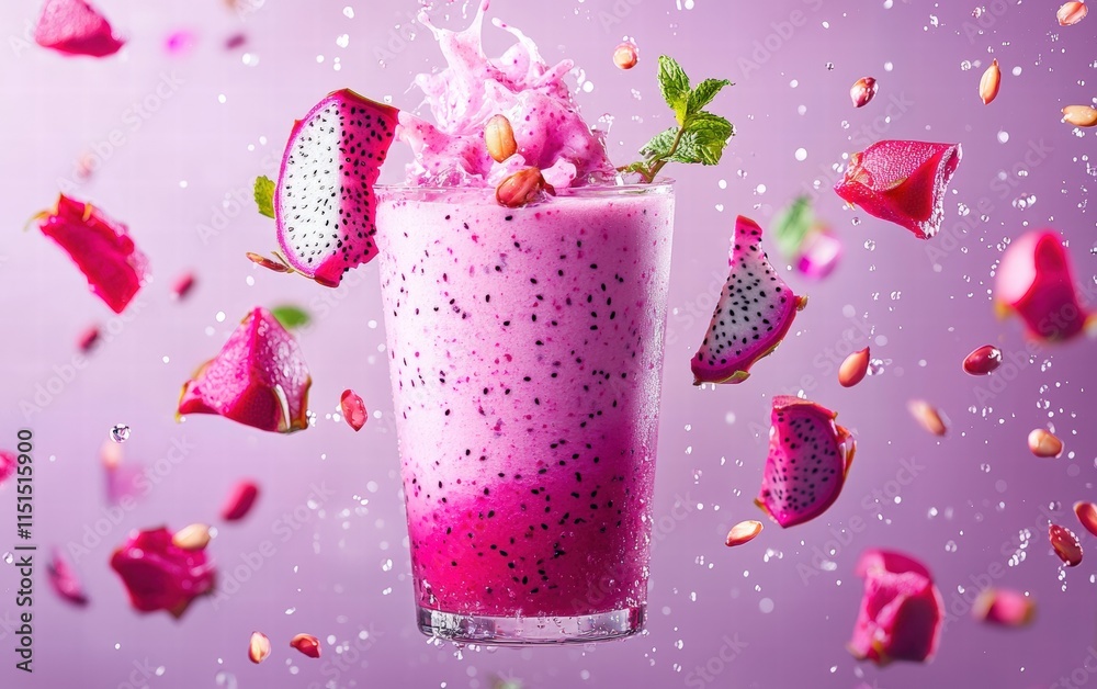 A vibrant dragon fruit smoothie levitating mid-air with pink dragon fruit pieces and seeds in motion, on a soft purple background A vibrant dragon fruit smoothie levitating mid-air with pink dragon fruit pieces and seeds in motion, on a soft purple background