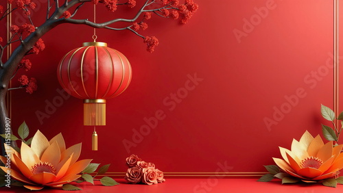 A composition highlights traditional Chinese elements like realistic 3D red lanterns and intricately designed golden paper flowers against a rich, vibrant red background with golden accents. It blends photo