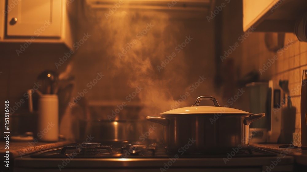 Cozy Home Kitchen Scene with Steam Rising from a Pot on the Stove, Warm Lighting Creating Inviting Atmosphere for Cooking and Family Gatherings Cozy Home Kitchen Scene with Steam Rising from a Pot on the Stove, Warm Lighting Creating Inviting Atmosphere for Cooking and Family Gatherings