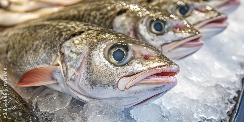 Fresh and delicious raw fish, specifically hake, is displayed on ice at a market store. This enticing hake showcases the quality of seafood available at the shop. Enjoy premium hake options.