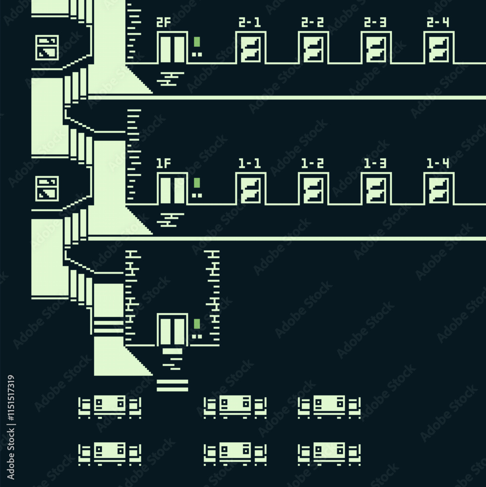 Fototapeta premium Shopping mall, pixel art background, retro style. 8-bit. Game assets. Vector illustration.