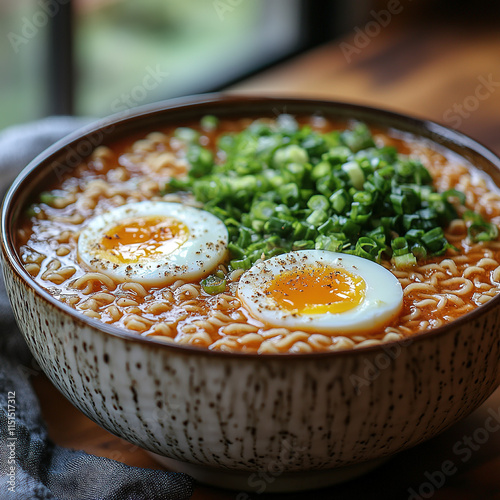 A comforting bowl of ramen with rich broth, soft-boiled egg, and fresh green onions, steamy and inviting photo