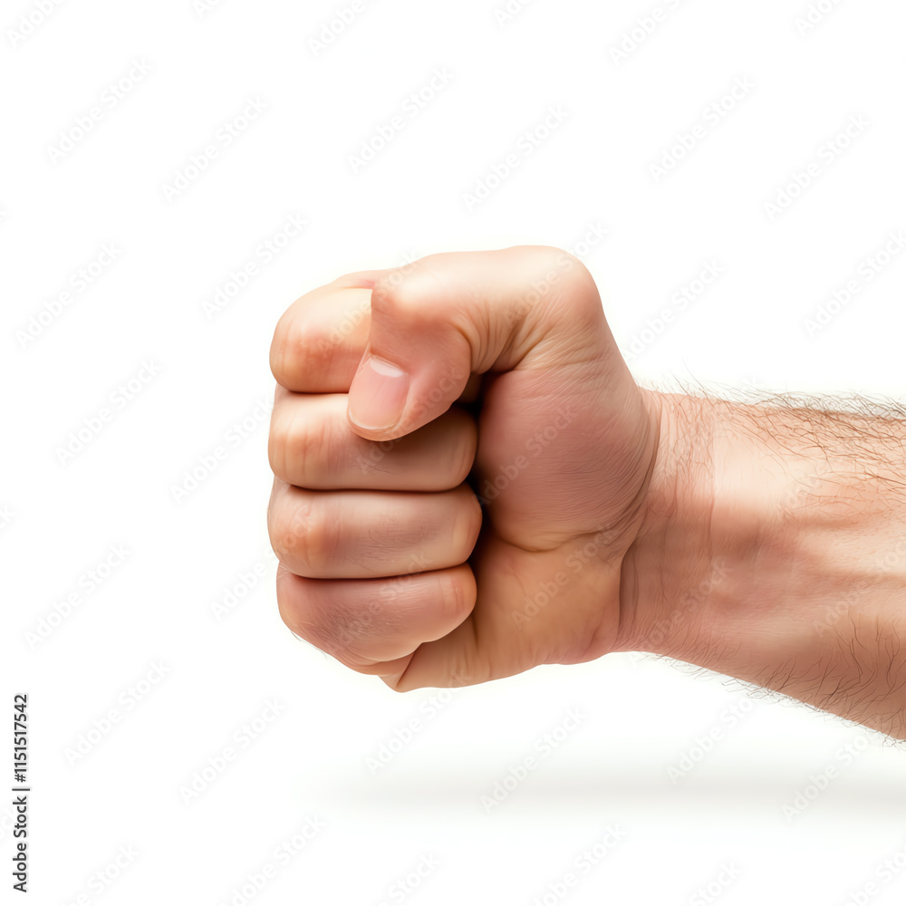 A clenched fist symbolizing strength and determination against oppression on a white isolated background. A clenched fist symbolizing strength and determination against oppression on a white isolated background.