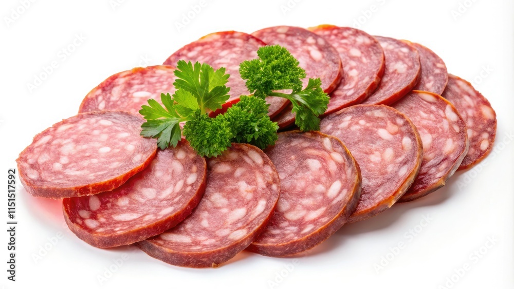High-resolution top-view image: Smoked sausage salami slices, isolated on white, full depth of field, clipping path included. High-resolution top-view image: Smoked sausage salami slices, isolated on white, full depth of field, clipping path included.