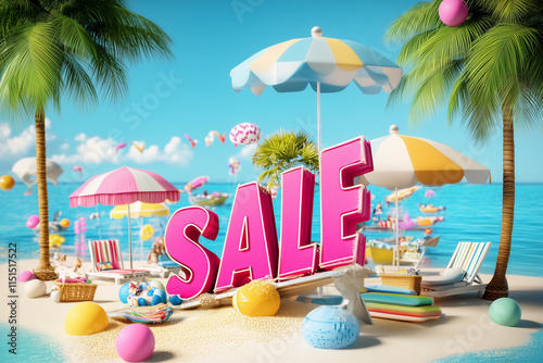 Summer Sale Banner in hellblau mit pinkfarbener Schrift für Sommerangebote mit Strand Flair, Sommerschlussverkauf, Shopping Offerte und Ausverkauf im knalligem Sommer Style mit Palmen
