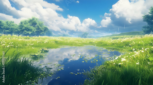 Serene Summer Meadow Landscape: Picturesque Pond, Lush Grass, and Blooming Flowers
