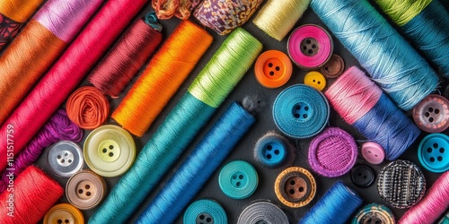 Vibrant multicolored accessories for sewing, including threads, buttons, fabric, and additional items, enhance your sewing projects with a variety of multicolored options for creativity. photo