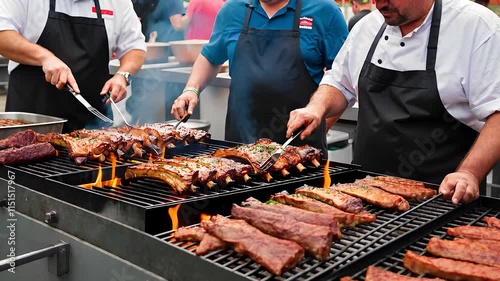 Chefs Grilling Barbecue Ribs on Open Flame Grills at an Outdoor Food Festival with Smoke and Sizzling Meat

 photo