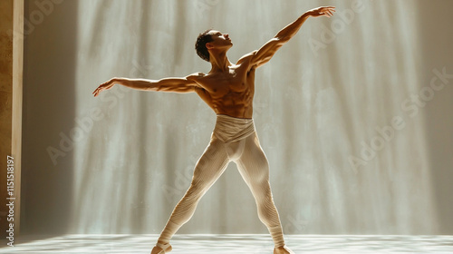 Ballet dancer strikes a powerful pose under dramatic lighting in a contemporary performance setting