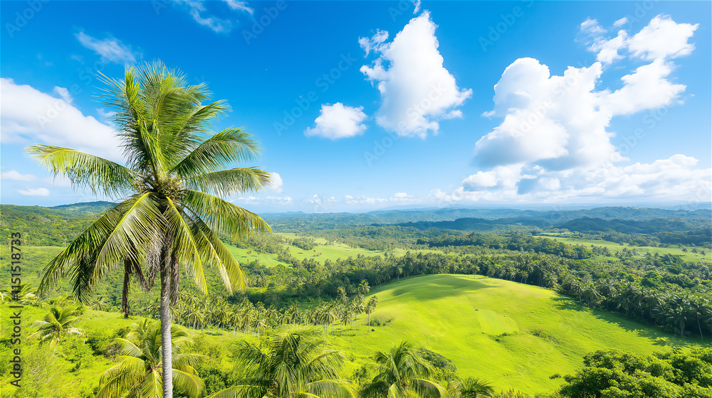 Obraz premium Tropical landscape featuring a tall palm tree with vast green fields under a bright blue sky. The serene setting embodies tropical beauty and relaxation.