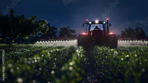 a tractor spraying on his farm during midnight with a birds eye view seen from backside 