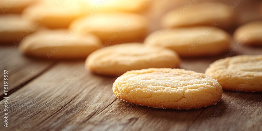 Sugar cookies displayed on a rustic wooden surface, highlighting their golden hues against a warm background. This close up captures the delightful details of sugar cookies in natural daylight. Sugar cookies displayed on a rustic wooden surface, highlighting their golden hues against a warm background. This close up captures the delightful details of sugar cookies in natural daylight.