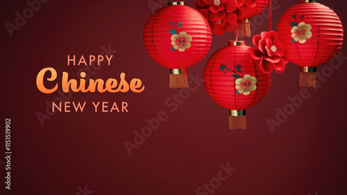 Happy Chinese New Year Banner with Asian Lanterns Hang on Dark Red Background. photo