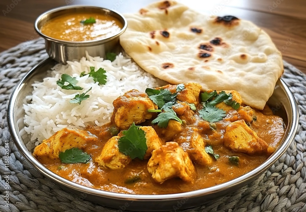 A plate of Indian food with rice, naan bread, and various dishes on it. A plate of Indian food with rice, naan bread, and various dishes on it.