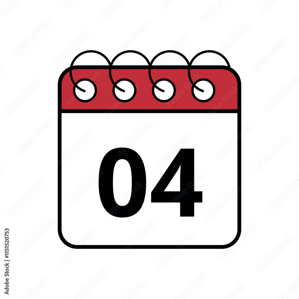 Simple red calendar icon with specific day marked, day 04. Simple red calendar icon with specific day marked, day 04.