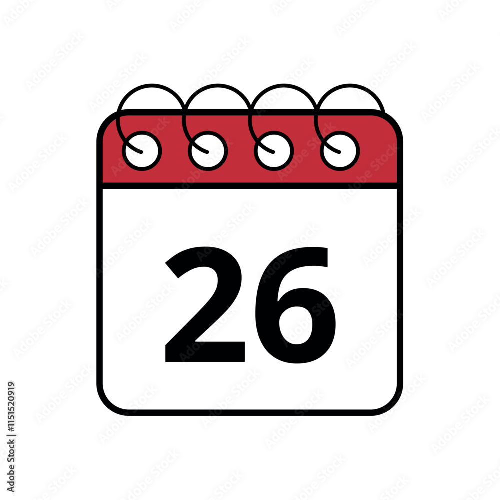 Simple red calendar icon with specific day marked, day 26. Simple red calendar icon with specific day marked, day 26.