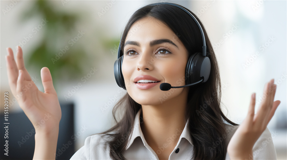 A cheerful young woman with long dark hair, wearing a headset, energetically communicating in a modern office environment filled with greenery. A cheerful young woman with long dark hair, wearing a headset, energetically communicating in a modern office environment filled with greenery.