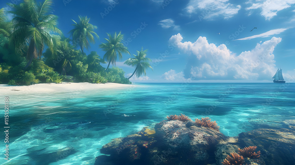 Tropical Island Paradise: White Sand Beach, Palm Trees, and Clear Ocean Waters Tropical Island Paradise: White Sand Beach, Palm Trees, and Clear Ocean Waters
