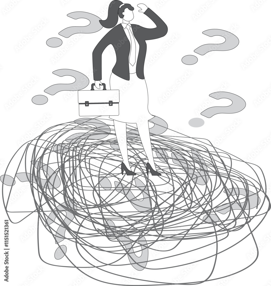 Obraz premium Skepticism, doubt or uncertainty, searching for answers solutions, doubtful businesswoman surrounded by a group of question marks