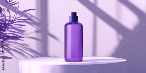 Purple shower gel featuring blueberry in a bottle displayed on a white podium. This mockup showcases an unlabeled body care product or wash liquid with natural ingredient appeal.
