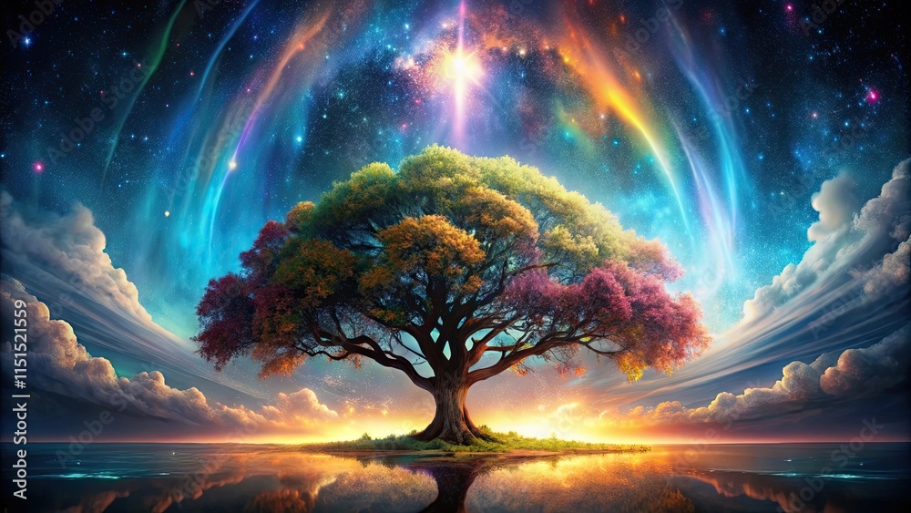 Obraz premium Mystical Tree of Seasons Reflecting in Tranquil Waters Under a Celestial Aurora