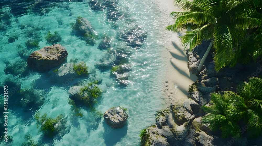 Fototapeta premium Tropical Beach Paradise: An Aerial View of Crystal Clear Waters, Palm Trees, and Sandy Shores