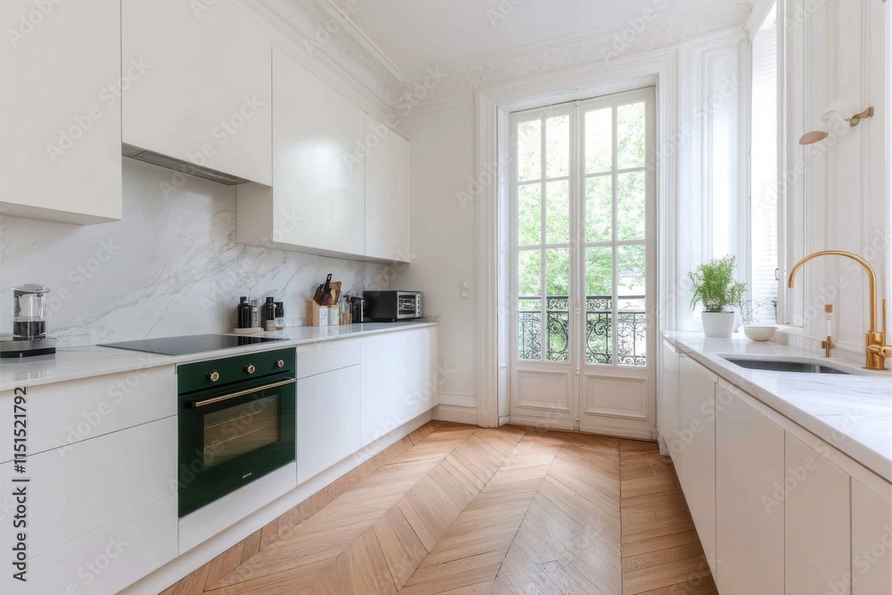 Fototapeta premium Modern white kitchen with chevron parquet floor and balcony access