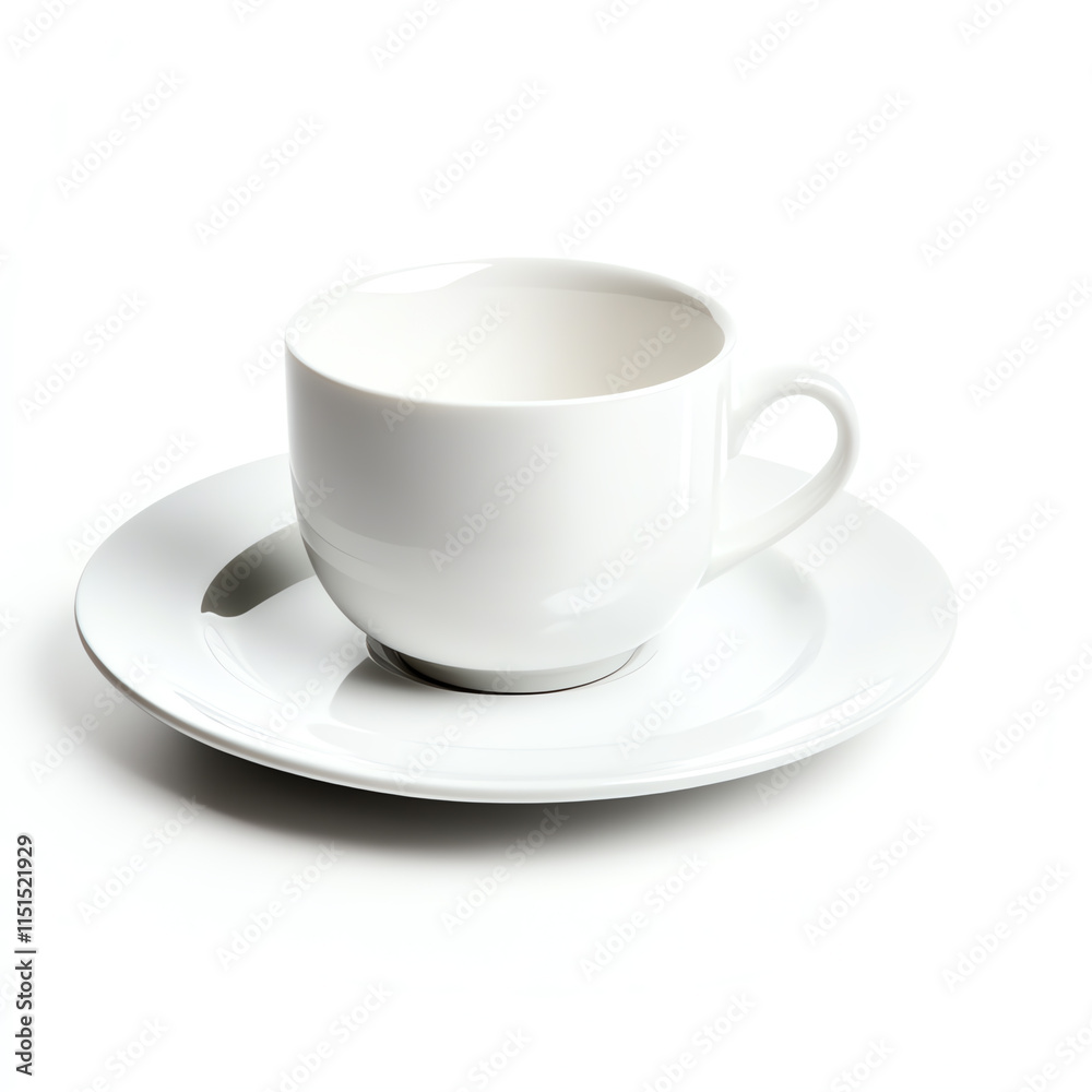 A minimalistic white cup and saucer set on a white background, ideal for showcasing beverages or table settings. A minimalistic white cup and saucer set on a white background, ideal for showcasing beverages or table settings.