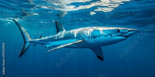 Shortfin mako shark gracefully gliding through vibrant blue waters, showcasing the beauty and agility of the shortfin mako shark in its natural habitat. A stunning view of the shortfin mako shark. photo