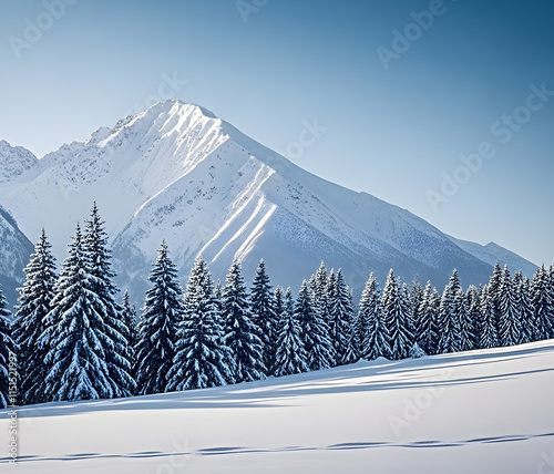 Winter panorama landscape with a snow-covered forest and trees at sunrise. A winter morning marking the beginning of a new day. Winter landscape with sunset, panoramic view