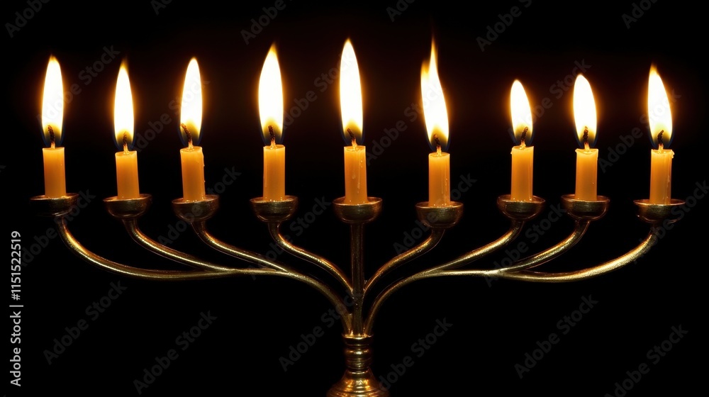 Menorah with Nine Burning Candles Illuminating Dark Background Menorah with Nine Burning Candles Illuminating Dark Background