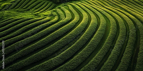 A birds eye perspective showcases an agricultural field featuring organized rows filled with lush green crops, highlighting the beauty of farming. The vast green crops thrive in neat lines. photo