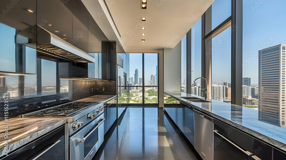 Fototapeta premium Modern City View Kitchen in Luxury Highrise Apartment