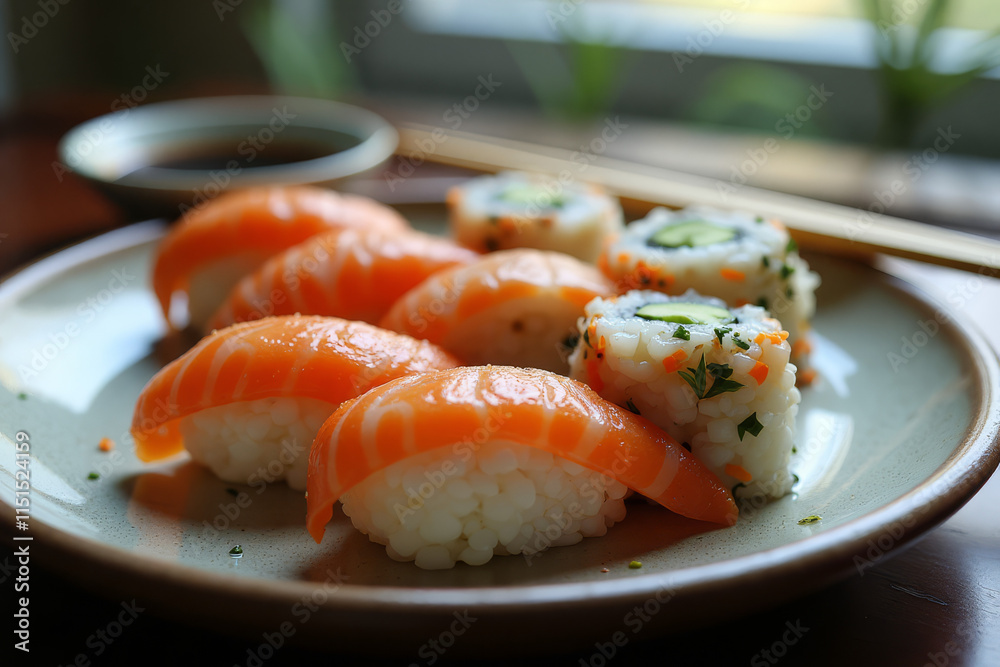 Sushi and Rolls on Ceramic Plate with Traditional Decoration Sushi and Rolls on Ceramic Plate with Traditional Decoration
