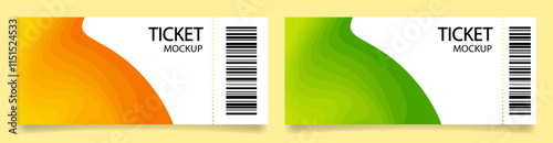 Ticket mockups with bar codes and shadows. Background template with orange and green abstract pattern. Concert, movie or theater ticket. Boarding blank, lottery, sale coupon