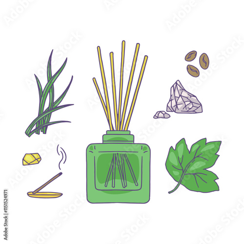 Vector illustration of a set with the image of a diffuser with aromatic sticks with ingredients.