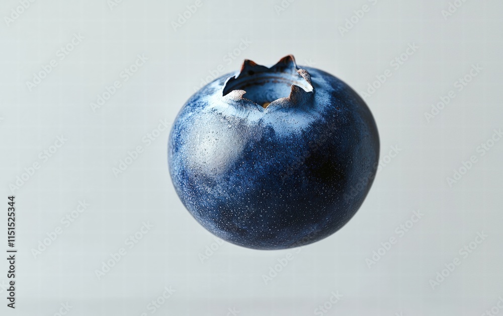 A vibrant blueberry with a soft reflection, floating mid-air, on a neutral white background A vibrant blueberry with a soft reflection, floating mid-air, on a neutral white background