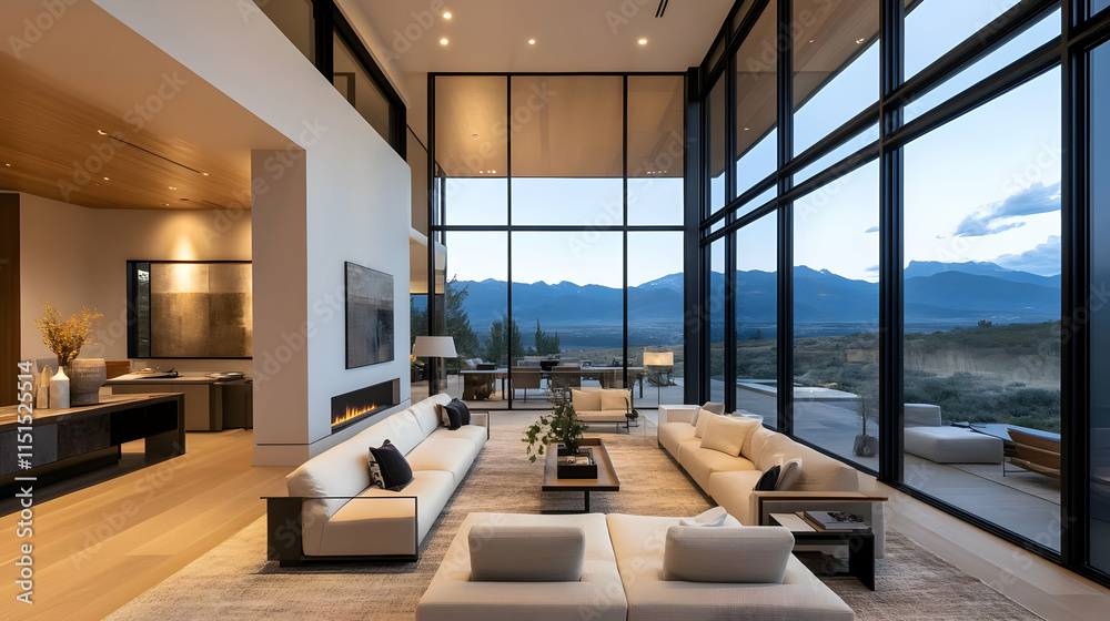Fototapeta premium Mountain View Modern Home: Luxury Living with Floor-to-Ceiling Windows