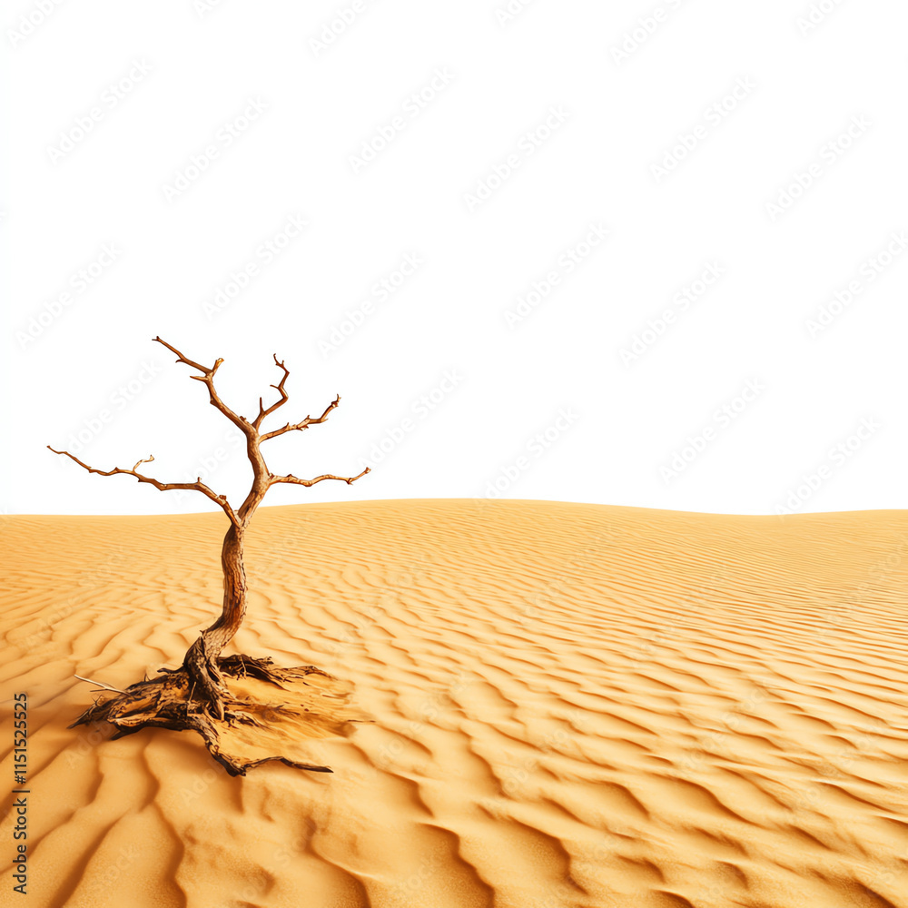 A solitary, barren tree stands against a backdrop of endless sand dunes under a bright, white sky. A solitary, barren tree stands against a backdrop of endless sand dunes under a bright, white sky.