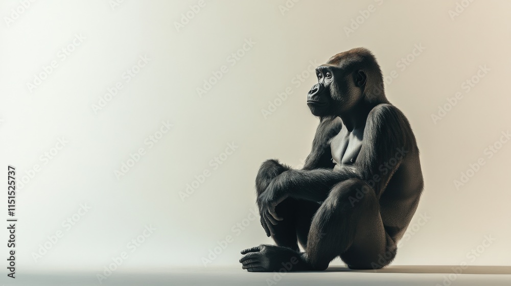 A gorilla sits against a plain background