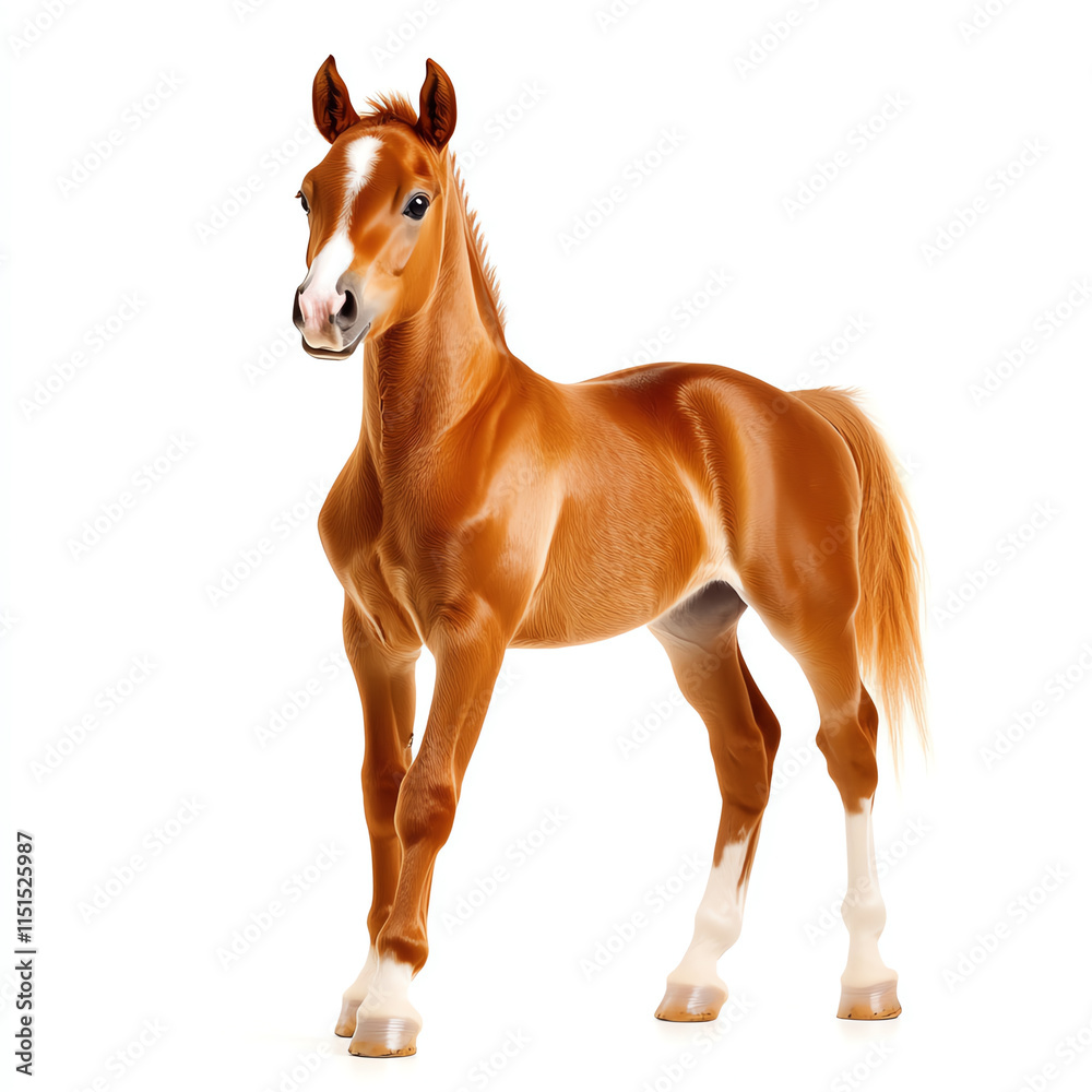 Obraz premium A stunning brown horse standing gracefully on a white isolated background, showcasing its beauty and elegance.