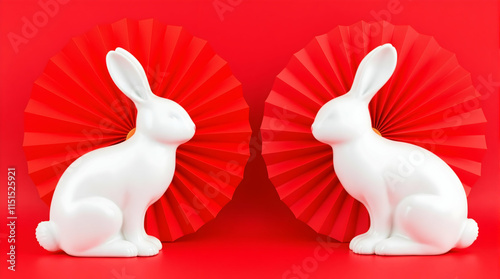 Red paper fans with rabbit decorations on red background, Happy Chinese New Year banner template, Traditional holiday lunar New Year, Happy New Year of the rabbit. photo