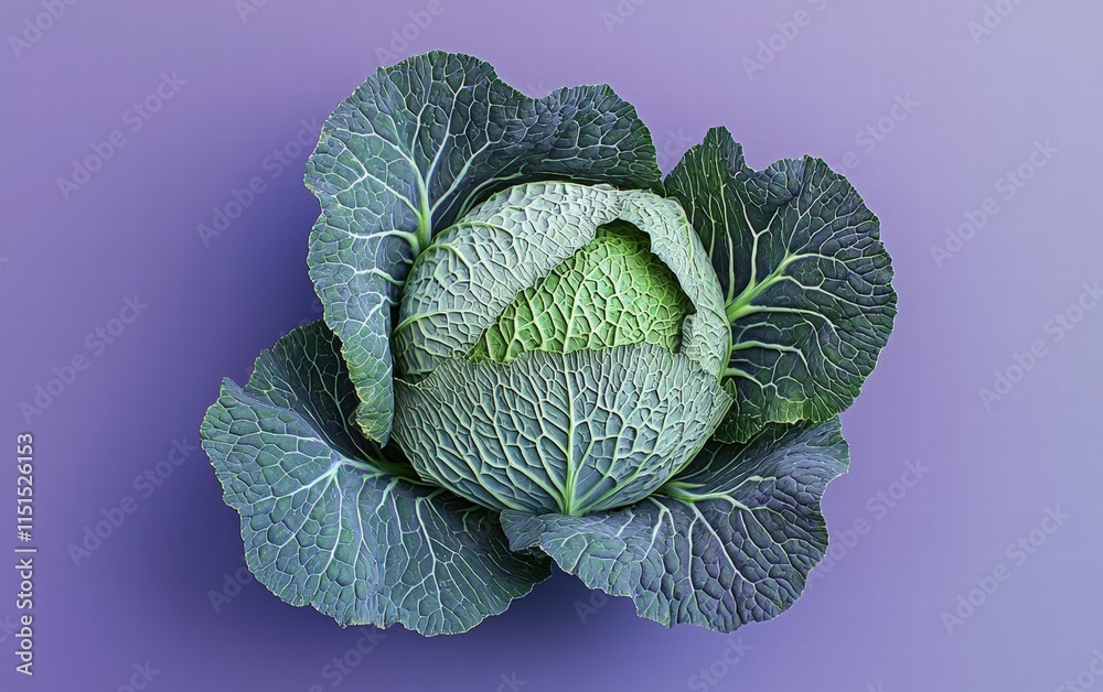 Fototapeta premium A vibrant green cabbage floating with intricate leaf details, set on a soft purple background