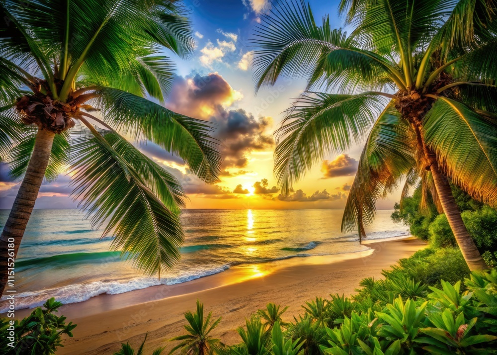Fototapeta premium Palm tree paradise: vibrant beach backdrop, perfect for text and captivating tropical portraits.