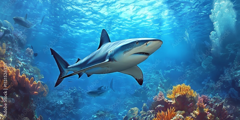 Fototapeta premium Reef sharks are seen hunting in their natural habitat at the reef, showcasing their skills and agility as they navigate the vibrant underwater world of the reef.