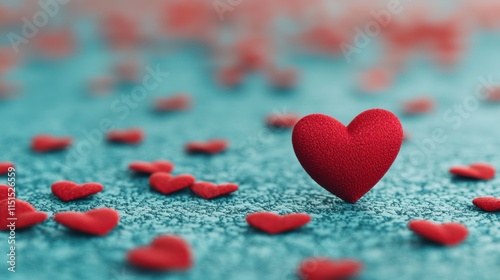 Red heart standing upright among scattered smaller red hearts on a textured blue background, symbolizing love and individuality
