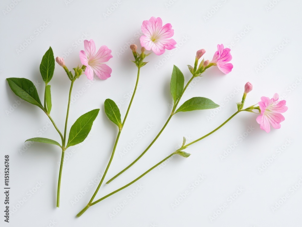 Fototapeta premium delicate pink flowers with green leaves on a white background