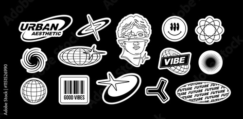 Y2K techno stickers pack of text quotes label collection (part 1). Aesthetic of retro futurism 2000s stickers with text. Black and white cyberpunk style elements